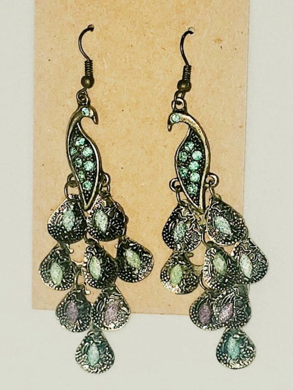 Vintage Estate Bohemian Rhinestone Peacock Dangle Earrings